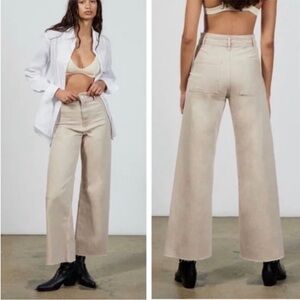 ZARA Marine Straight Wide Leg Flare Jeans High Waisted Tan Raw Hem